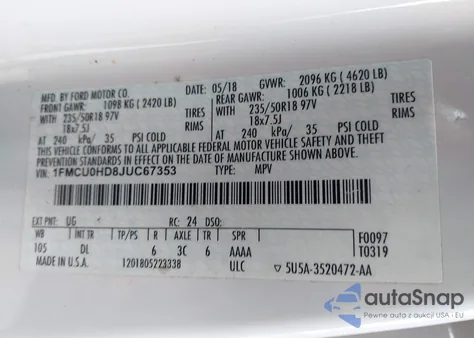 2018 Ford Escape Sel z USA, uszkodzony, nr VIN 1FMCU0HD8JUC67353